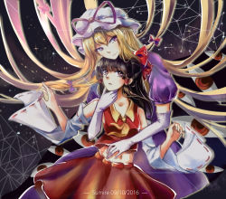 Rule 34 | 2girls, artist name, black hair, blonde hair, bow, breasts, brown eyes, constellation, dated, dress, elbow gloves, floating hair, gap (touhou), gloves, hair between eyes, hair bow, hakurei reimu, hand on another&#039;s chin, hands up, hat, hat ribbon, long hair, looking to the side, looking up, midriff, mob cap, multiple girls, navel, parted lips, purple dress, purple eyes, red eyes, red shirt, red skirt, ribbon, ribbon-trimmed sleeves, ribbon trim, shiny skin, shirt, short sleeves, skirt, sleeveless, sleeveless shirt, small breasts, smile, sparkle, star (symbol), starry background, sumire495, touhou, very long hair, wide sleeves, yakumo yukari