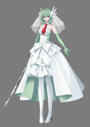 Rule 34 | 1girl, arm at side, bare shoulders, blush, bob cut, boots, bow, breasts, creatures (company), crossed bangs, detached collar, dress, elbow gloves, feather hair ornament, feathers, female focus, flower, frilled dress, frills, full body, game freak, gardevoir, gen 3 pokemon, glint, gloves, green gloves, green hair, grey background, hair between eyes, hair flower, hair ornament, happy, high heels, highres, holding, holding sword, holding weapon, humanization, layered dress, light blush, looking at viewer, medium breasts, merlusa, necktie, nintendo, open mouth, pokemon, red eyes, red necktie, rose, see-through, short hair, sidelocks, simple background, smile, solo, standing, strapless, strapless dress, sword, thigh boots, two-sided dress, two-sided fabric, veil, weapon, white bow, white dress, white feathers, white flower, white footwear, white rose
