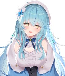 Rule 34 | 1girl, ahoge, bare shoulders, beret, blue coat, blue hair, blush, braid, breasts, breasts squeezed together, center frills, coat, elf, flower, frilled shirt, frills, fur-trimmed coat, fur trim, hair between eyes, hair flower, hair ornament, half updo, hat, highres, hololive, ironeko rika, large breasts, long hair, looking at viewer, medium breasts, multicolored hair, off shoulder, open mouth, pointy ears, shirt, simple background, sleeveless, sleeveless shirt, solo, streaked hair, teeth, underbust, upper body, upper teeth only, very long hair, virtual youtuber, white background, white hat, white shirt, yellow eyes, yukihana lamy