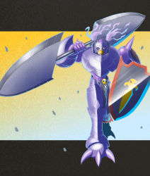 Rule 34 | absurdres, armor, claws, craniummon, digimon, highres, lance, polearm, shield, skull, twintails, weapon
