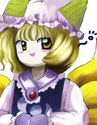 Rule 34 | 1girl, animal ear headwear, animal ears, blonde hair, blue tabard, blush stickers, dress, fake animal ears, fox tail, frilled headwear, hands in opposite sleeves, hat, highres, long sleeves, looking at viewer, mob cap, multiple tails, official style, open mouth, purple dress, purple hat, short hair, simple background, smile, solo, tabard, tail, touhou, upper body, white background, yakumo ran, yakumora n, yellow eyes, zun (style)