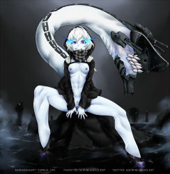 Rule 34 | 10s, 1girl, abyssal ship, bar censor, black jacket, black scarf, blue skin, breasts, censored, colored skin, flaming eyes, full body, glowing, glowing eyes, graphite (medium), grin, hair between eyes, highres, hood, hood up, hooded jacket, hooves, jacket, kantai collection, legs, long sleeves, looking at viewer, nail polish, navel, nipples, no bra, no panties, open clothes, open jacket, pink nails, purple eyes, pussy, re-class battleship, rock, scarf, sereneandsilent, sharp teeth, short hair, sitting, small breasts, smile, solo, spread legs, striped clothes, striped scarf, tail, teeth, toned, traditional media, tumblr username, turret, twitter username, v arms, watermark, web address, white hair
