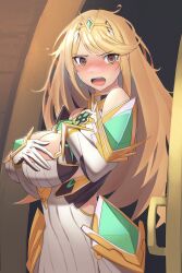 Rule 34 | 1girl, blonde hair, breasts, cleavage, highres, large breasts, long hair, medaman, messy hair, mythra (xenoblade), solo, very long hair, xenoblade chronicles (series), xenoblade chronicles 2, yellow eyes