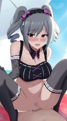 Rule 34 | 1boy, 1girl, absurdres, artist request, blush, censored, drill hair, elbow gloves, girl on top, gloves, highres, idolmaster, idolmaster cinderella girls, kanzaki ranko, long hair, open mouth, penis, pussy, red eyes, sex, silver hair, thighhighs, vaginal