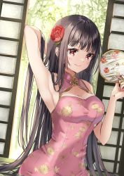 Rule 34 | 1girl, alternate costume, arm up, armpits, bare arms, bare shoulders, black hair, blush, breasts, china dress, chinese clothes, cleavage, cleavage cutout, closed mouth, clothing cutout, dress, dutch angle, floral print, flower, folding fan, hair flower, hair ornament, hand fan, highres, holding, holding fan, houraisan kaguya, indoors, light smile, long hair, medium breasts, nail polish, paper fan, red dress, red eyes, red flower, red nails, rose, round window, shironeko yuuki, sleeveless, sleeveless dress, solo, tatami, touhou, very long hair, window