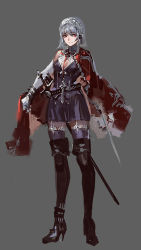 Rule 34 | 1girl, alternate costume, armor, assassin&#039;s creed, assassin&#039;s creed (series), boots, cape, covered erect nipples, cross, dress, full body, izayoi sakuya, kishiyo, looking at viewer, maid, maid headdress, red eyes, revision, ribbon, short hair, silver hair, simple background, solo, sword, thigh boots, thighhighs, touhou, weapon, zettai ryouiki