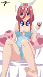 Rule 34 | 1girl, absurdres, bare shoulders, bed, blue eyes, blue leotard, blush, breasts, feet, food, go-toubun no hanayome, headphones, heart, highres, ice cream, indexryo, large breasts, leotard, long hair, nakano miku, open mouth, playboy bunny, rabbit ears, red hair, strapless, strapless leotard, tagme