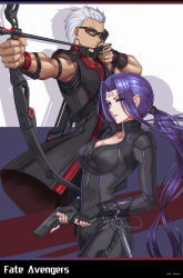 Rule 34 | 1boy, 1girl, absurdres, archer (fate), arrow (projectile), avengers (series), black widow, black widow (cosplay), bodysuit, bow (weapon), cosplay, emiya shirou, eyes visible through hair, facial mark, fate/stay night, fate (series), fingerless gloves, forehead mark, gloves, gun, handgun, hawkeye (marvel), hawkeye (marvel) (cosplay), highres, laser, laser pointer projection, laser sight, long hair, looking at viewer, marvel, medusa (fate), medusa (rider) (fate), nairobi song, ponytail, purple eyes, purple hair, reloading, short hair, skin tight, square pupils, sunglasses, trigger discipline, very long hair, weapon, white hair