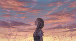 Rule 34 | 1girl, cloud, female focus, from side, hiko (scape), layered sleeves, long hair, nature, original, outdoors, plant, sky, solo, star (sky), star (symbol)