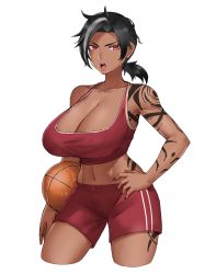 Rule 34 | 1girl, absurdres, ball, basketball, basketball (object), black hair, breasts, cleavage, commentary, dark-skinned female, dark skin, english commentary, ghostdoctor, hand on own hip, highres, holding, holding ball, large breasts, looking to the side, midriff, navel, open mouth, original, red eyes, short hair, solo, tattoo, tomboy