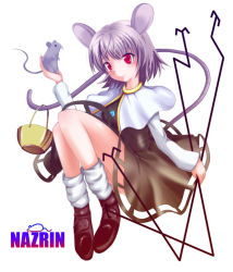Rule 34 | 1girl, animal ears, basket, female focus, full body, grey hair, mouse (animal), mouse ears, mouse tail, nazrin, red eyes, shoes, short hair, sitting, socks, solo, tail, touhou, verynezumi, white background
