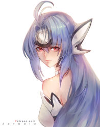 Rule 34 | 1girl, antenna hair, artist name, aztodio, bare shoulders, blue hair, breasts, closed mouth, headgear, headpiece, highres, kos-mos, long hair, looking at another, looking at viewer, medium breasts, parted bangs, red hair, simple background, smile, solo, upper body, watermark, web address, white background, xenosaga