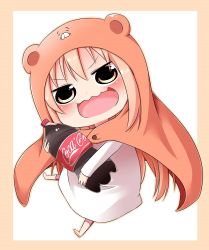 Rule 34 | 10s, 1girl, :d, border, bottle, brown eyes, brown hair, chibi, coca-cola, cola, doma umaru, hamster costume, himouto! umaru-chan, komaru (himouto! umaru-chan), long hair, looking at viewer, open mouth, simple background, smile, soda bottle, solo, wakagi repa