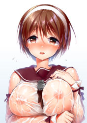 Rule 34 | 1girl, blush, breasts, brown eyes, brown hair, detached sleeves, hairband, headband, kantai collection, large breasts, natori (kancolle), neckerchief, nipples, open mouth, school uniform, see-through, serafuku, shirt, short hair, solo, wet, wet clothes, wet shirt, white hairband, white shirt