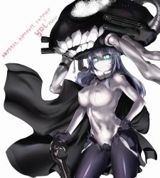 Rule 34 | 10s, 1girl, abyssal ship, aegis (nerocc), aqua eyes, bodysuit, cape, hair between eyes, kantai collection, silver hair, staff, wo-class aircraft carrier