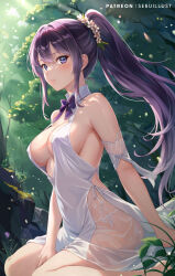 Rule 34 | 1girl, bare shoulders, bow, bowtie, breasts, cleavage, collared dress, covered erect nipples, covered navel, dress, flower, forest, hair between eyes, hair flower, hair ornament, long hair, looking at viewer, medium breasts, nature, original, outdoors, plunging neckline, ponytail, purple bow, purple bowtie, purple eyes, sebu illust, see-through, sideless outfit, sidelocks, sitting, sleeveless, sleeveless dress, solo, wariza, white dress
