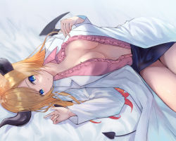 Rule 34 | 1girl, asymmetrical hair, bed, bed sheet, black skirt, blonde hair, blouse, blue eyes, blush, breast tattoo, breasts, cleavage, coat, collared shirt, commentary, commentary request, demon girl, demon tail, demon wings, doctor, frilled shirt, frills, highres, hololive, horns, lab coat, large breasts, lips, long hair, looking at viewer, lying, on back, open clothes, open mouth, open shirt, parted bangs, pink shirt, shirt, skirt, sleeveless, sleeveless shirt, solo, tail, tattoo, virtual youtuber, wing collar, wings, xyunx, yuzuki choco, yuzuki choco (1st costume)