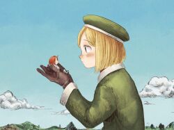 Rule 34 | 2girls, beret, black gloves, blonde hair, blue sky, blunt ends, blush, bob cut, closed mouth, cloud, commentary request, cupping hands, day, eye contact, fate/grand order, fate (series), fujimaru ritsuka (female), giant, giantess, gloves, green headwear, green jacket, hand up, hat, highres, in palm, jacket, long sleeves, looking at another, mountainous horizon, multiple girls, nata shelf, nature, orange hair, outdoors, own hands together, paul bunyan (fate), short hair, simple bird, sitting, size difference, sky, smile, tree, upper body, yellow eyes