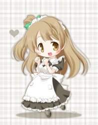 1girl, ankle lace-up, apron, artist name, artist request, back bow, birthday, black bow, black bowtie, black dress, black footwear, black high heels, black skirt, blush, bow, bowtie, breasts, brown eyes, brown hair, chibi, clenched hands, collared dress, cross-laced footwear, dress, female focus, frilled apron, frilled dress, frilled shirt collar, frilled skirt, frills, full body, green bow, grey hair, grey legwear, hair bow, hair rings, happy birthday, heart, heart (symbol), high heels, it&#039;s our miraculous time (love live!), light brown hair, long hair, looking at viewer, love live!, love live! school idol festival, love live! school idol festival all stars, love live! school idol project, maid, maid apron, maid headdress, minami kotori, miniskirt, parted lips, plaid, plaid dress, plaid skirt, pleated, pleated dress, pleated skirt, ponytail, puffy short sleeves, puffy sleeves, short sleeves, side ponytail, skirt, small breasts, smile, solo, white apron, white bow, white legwear, wing collar, yellow eyes