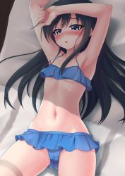 Rule 34 | 1girl, absurdres, asashio (kancolle), bed, bikini, black hair, blue bikini, blue eyes, blush, breasts, collarbone, commentary request, cowboy shot, crotch seam, frilled bikini, frills, highres, kantai collection, long hair, lying, makura (y makura), navel, open mouth, shade, small breasts, solo, swimsuit