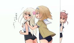 Rule 34 | 10s, 3girls, :d, ahoge, annin musou, bad id, bad twitter id, blonde hair, brown eyes, brown hair, commentary request, flower, grey eyes, hair flower, hair ornament, hairband, hand to own mouth, hands on another&#039;s shoulders, i-26 (kancolle), i-58 (kancolle), index finger raised, kantai collection, long hair, multiple girls, old school swimsuit, open mouth, peeking out, pink eyes, pink hair, ro-500 (kancolle), school swimsuit, school uniform, serafuku, short hair, sketch, smile, swimsuit, swimsuit under clothes, translated, two-tone hairband, white background