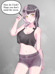 Rule 34 | 1girl, absurdres, arm at side, azurecruiser, black shirt, black tank top, blush, breasts, cleavage, collarbone, commentary, crop top, english commentary, exercising, eyelashes, fingernails, grey background, hair ornament, head tilt, highres, hololive, hololive english, large breasts, medium hair, multicolored hair, navel, shiori novella, shirt, shorts, signature, simple background, smile, solo, speech bubble, steam, steaming body, stomach, sweat, talking, tank top, thighs, twitter username, two-tone hair, v, virtual youtuber, workout clothes, yellow eyes