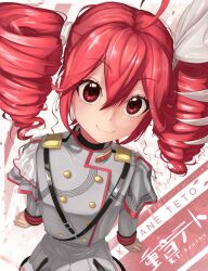 Rule 34 | 1girl, absurdres, ahoge, bow, closed mouth, drill hair, eriott, eyelashes, grey jacket, hair bow, highres, jacket, kasane teto, kasane teto (sv), long sleeves, looking at viewer, red eyes, red hair, red trim, shoulder boards, sidelocks, skirt, smile, solo, synthesizer v, triple baka (vocaloid), twin drills, twintails, utau, vocaloid