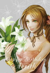 Rule 34 | 1girl, aerith gainsborough, bangle, bouquet, bracelet, braid, braided ponytail, breasts, brown hair, character name, choker, cleavage, dress, final fantasy, final fantasy vii, floral background, flower, green eyes, grey background, hair ribbon, happy birthday, holding, holding bouquet, jewelry, lily (flower), long hair, medium breasts, parted bangs, pink dress, pink ribbon, ribbon, ribbon choker, sidelocks, sleeveless, sleeveless dress, smile, solo, tetra takamine, upper body, white flower