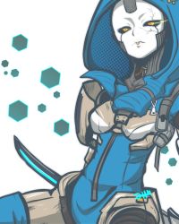 Rule 34 | 1girl, absurdres, android, animification, apex legends, ash (titanfall 2), blue leotard, cable, cracked skin, frown, glowing, glowing eye, head tilt, highres, hood, hood up, leotard, metal skin, mige, orange eyes, science fiction, simulacrum (titanfall), sitting, solo, sword, weapon, white background