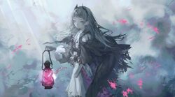Rule 34 | 1girl, absurdres, arknights, black cape, black gloves, blunt bangs, cape, dress, earrings, expressionless, feet out of frame, gloves, grey eyes, grey hair, highres, holding, holding lantern, irene (arknights), jewelry, lantern, long hair, long sleeves, looking at viewer, sheath, sheathed, solo, suimin (sui 0y0), sword, torn cape, torn clothes, weapon, white dress