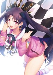 Rule 34 | 1girl, black bow, black hair, black ribbon, bow, checkered flag, earrings, fate/grand order, fate (series), flag, fur trim, hair bow, hoop earrings, ishtar (fate), ishtar (swimsuit rider) (fate), jewelry, long hair, looking at viewer, open mouth, pink eyes, ribbon, shashimo, single thighhigh, solo, thighhighs, tohsaka rin, twintails
