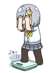 Rule 34 | 1girl, bathroom scale, black pantyhose, commentary request, covering own eyes, grey hair, grey sailor collar, grey skirt, hair ornament, hair over one eye, hairclip, hama! (3toshinhmkz), hamakaze (kancolle), kantai collection, neckerchief, no nose, pantyhose, pleated skirt, sailor collar, school uniform, serafuku, short hair, simple background, skirt, solo, weighing scale, weight conscious, white background, yellow neckerchief