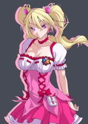 Rule 34 | 1girl, arms behind back, bag, black background, blonde hair, breasts, choker, cleavage, closed mouth, collarbone, cure peach, dirndl, dress, earrings, female focus, floating hair, fresh precure!, frilled dress, frilled skirt, frills, german clothes, hair between eyes, hair ornament, heart, heart earrings, heart hair ornament, highres, jewelry, large breasts, long hair, looking at viewer, magical girl, meme attire, momozono love, neck, ozaneko, pink dress, pink eyes, pink skirt, precure, puffy short sleeves, puffy sleeves, red choker, serious, short sleeves, simple background, skirt, solo, standing, twintails, wristband