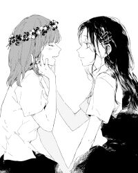 Rule 34 | 2girls, flower ring, greyscale, hair ornament, hand in another&#039;s hair, hand in own hair, highres, holding hands, kakmxxxny06, kono koi wo hoshi ni wa negawanai, light smile, looking at another, monochrome, multiple girls, sitting