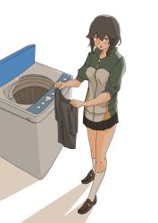 Rule 34 | 1girl, black hair, black skirt, full body, grey eyes, hayasui (kancolle), highres, holding, holding clothes, jacket, kachi (kachi5100), kantai collection, loafers, miniskirt, multicolored clothes, multicolored jacket, one-hour drawing challenge, pleated skirt, shoes, short hair, simple background, skirt, socks, solo, standing, top-load washing machine, track jacket, washing machine, white background, white socks