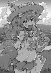 Rule 34 | 1girl, animal ear fluff, animal ears, animal hands, bag, bell, blush, breasts, cat hair ornament, cat paws, claws, cloud, collar, commentary request, contrail, cowboy shot, crab, fang, fate/grand order, fate (series), fox ears, fox girl, fox tail, greyscale, hair ornament, hat, highres, jingle bell, kusama takato, long hair, looking at viewer, monochrome, neck bell, ocean, open mouth, outdoors, paw print, shirt, shopping bag, short sleeves, sidelocks, skin fang, skirt, sky, smile, solo, sun hat, tail, tamamo (fate), tamamo cat (fate), tongue
