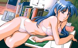 Rule 34 | 1990s (style), 1girl, 2 shot diary 2, 4bpp, blue eyes, blue hair, book, bow, bow bra, bow panties, bra, desk, dutch angle, game cg, indoors, long hair, looking at viewer, may-be soft, on desk, panties, pc98, phone, retro artstyle, solo, tagme, tissue box, underwear, underwear only, youko (2 shot diary 2)