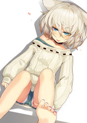 Rule 34 | 1girl, animal ears, aran sweater, bare legs, bare shoulders, barefoot, blue eyes, blue shorts, blush, borrowed character, cable knit, closed mouth, commentary request, drop shadow, dutch angle, feet, grey hair, grey sweater, hair between eyes, heart, highres, knees up, legs, long sleeves, nail polish, off-shoulder sweater, off shoulder, ogami kazuki, original, panties, panties under shorts, puffy long sleeves, puffy sleeves, purple nails, red nails, ribbon-trimmed sweater, ribbon trim, short shorts, shorts, sleeves past wrists, soles, solo, sweater, toenails, tongue, tongue out, underwear, upshorts, white background, white panties
