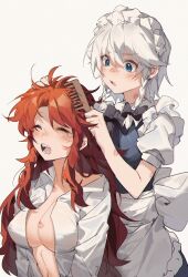 Rule 34 | 2girls, absurdres, apron, bite mark, biting, blue eyes, blush, bow, braid, breasts, bruise, brushing another&#039;s hair, brushing hair, closed eyes, couple, dress, fangs, grey hair, hair bow, hickey, highres, hong meiling, implied after sex, injury, izayoi sakuya, liangyilin, long hair, maid, maid apron, maid headdress, medium breasts, medium hair, multiple girls, neck biting, open clothes, open shirt, red hair, ribbon, scratches, small breasts, touhou, twin braids, waist apron, yawning, yuri