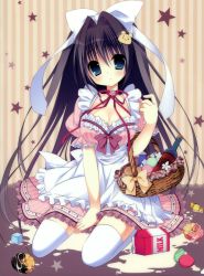 Rule 34 | 1girl, absurdres, basket, black hair, blue eyes, blush, bottle, bow, breasts, candy, carton, choker, cleavage, collarbone, doughnut, dress, food, hair bow, hair intakes, head tilt, highres, holding, large breasts, looking at viewer, macaron, nanaka mai, original, red ribbon, ribbon, sitting, solo, spilled milk, striped, tareme, thighhighs, vertical stripes, wariza, white thighhighs
