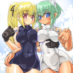 Rule 34 | 10s, 2girls, alternate costume, arnval, bad id, bad pixiv id, blonde hair, blue eyes, breasts, busou shinki, dd (ijigendd), doll joints, green hair, joints, large breasts, mecha musume, multiple girls, pointy ears, red eyes, side-by-side, strarf, wide hips