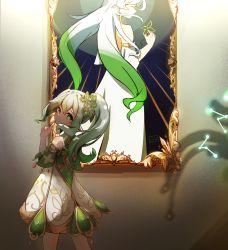 Rule 34 | 1girl, absurdres, artist name, back, closed eyes, closed mouth, commentary, covered mouth, detached sleeves, drawing (object), dress, elun (elun 00), english commentary, flower, flower-shaped pupils, from behind, genshin impact, green eyes, green flower, green hair, grey hair, hair between eyes, hand up, highres, indoors, leaf, light, long hair, looking at viewer, looking back, multicolored hair, nahida (genshin impact), pointing, pointy ears, ponytail, rukkhadevata (genshin impact), shadow, short sleeves, sidelocks, smile, solo, spoilers, standing, symbol-shaped pupils, two-tone hair, wall, white dress, white hair, wide sleeves