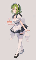 Rule 34 | 1girl, :d, alternate costume, anniversary, apron, birthday cake, black footwear, black ribbon, black skirt, breasts, cake, cleavage, commentary, enmaided, food, frilled skirt, frills, full body, green eyes, green hair, grey background, gumi, highres, holding, holding plate, leaning forward, leg ribbon, looking at viewer, maid, maid headdress, mary janes, medium breasts, open mouth, plate, puffy short sleeves, puffy sleeves, ribbon, shoes, short hair, short sleeves, simple background, skirt, smile, solo, standing, thighhighs, vocaloid, white apron, white thighhighs, zettai ryouiki, zhi (yammycheese)