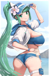 Rule 34 | 1girl, absurdres, alternate costume, breasts, butt crack, gonzarez, green eyes, green hair, highres, huge breasts, long hair, nail polish, pneuma (xenoblade), ponytail, pouch, solo, thigh pouch, very long hair, xenoblade chronicles (series), xenoblade chronicles 2