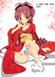 Rule 34 | 10s, 1girl, breasts, cleavage, eating, food, hair ribbon, hairband, happy new year, highres, japanese clothes, kimono, long hair, mahou shoujo madoka magica, mahou shoujo madoka magica (anime), mochi, new year, panties, pantyshot, red eyes, red hair, ribbon, sakura kyoko, sitting, solo, striped clothes, striped panties, tabi, toshi (little-fluffy-cloud), underwear, wagashi