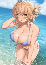 Rule 34 | 1girl, aegis (takunomi), armpit crease, bare arms, bare shoulders, bikini, blonde hair, blue bikini, blue sky, breasts, cleavage, cloud, cowboy shot, day, dutch angle, elf, enjo kouhai, gluteal fold, green eyes, hair up, halterneck, hand on own head, hand on own thigh, hand up, highres, horizon, large breasts, leaning forward, looking at viewer, navel, ocean, outdoors, parted lips, pointy ears, side-tie bikini bottom, sidelocks, skindentation, sky, solo, standing, stomach, string bikini, swimsuit, takunomi, thigh gap, thighs, wading, water, wet