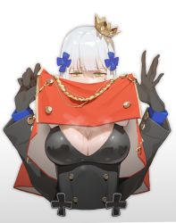 Rule 34 | 1girl, black gloves, blunt bangs, blush, breasts, cleavage, clothes lift, cropped torso, crown, facial mark, girls&#039; frontline, gloves, green eyes, highres, hk416 (girls&#039; frontline), hk416 (percussive bolero) (girls&#039; frontline), large breasts, lifting own clothes, long hair, long sleeves, looking at viewer, official alternate costume, silver hair, solo, sweat, trove, white background