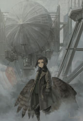 Rule 34 | 1girl, aircraft, asterisk kome, boots, coat, dirigible, feathered wings, feathers, female focus, highres, military, military uniform, monster girl, necktie, original, serious, signature, smoke, solo, trench coat, uniform, wings