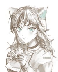 Rule 34 | 1girl, absurdres, animal ears, artist name, bell, cat ears, collar, food, green eyes, greyscale, highres, holding, looking at viewer, monochrome, neck bell, original, purplecat chi, sleeves past wrists, solo, taiyaki, wagashi, wavy hair, white background