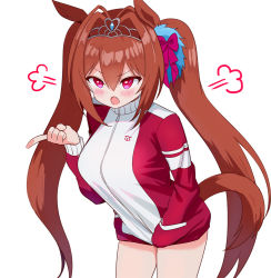 Rule 34 | 1girl, puff of air, angry, animal ears, bow, breasts, brown hair, commentary, cowboy shot, daiwa scarlet (umamusume), fang, frown, fume, gym shorts, gym uniform, hair bow, hair intakes, hair ornament, hand in pocket, horse ears, horse girl, horse tail, index finger raised, jacket, jersey, kemu (guruguru dan), large breasts, leaning forward, long hair, long sleeves, looking to the side, open mouth, purple bow, red eyes, red jacket, red shorts, short shorts, shorts, simple background, skin fang, solo, standing, tail, tented shirt, tiara, track jacket, umamusume, very long hair, white background